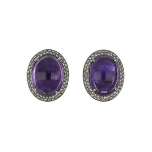 Estate 18K White Gold Cabochon Amethyst and Diamond Button Earrings