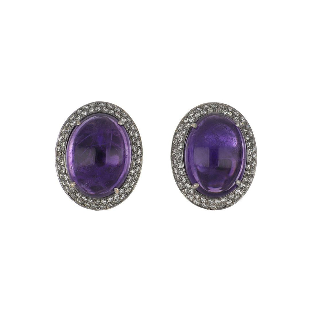 Estate 18K White Gold Cabochon Amethyst and Diamond Button Earrings