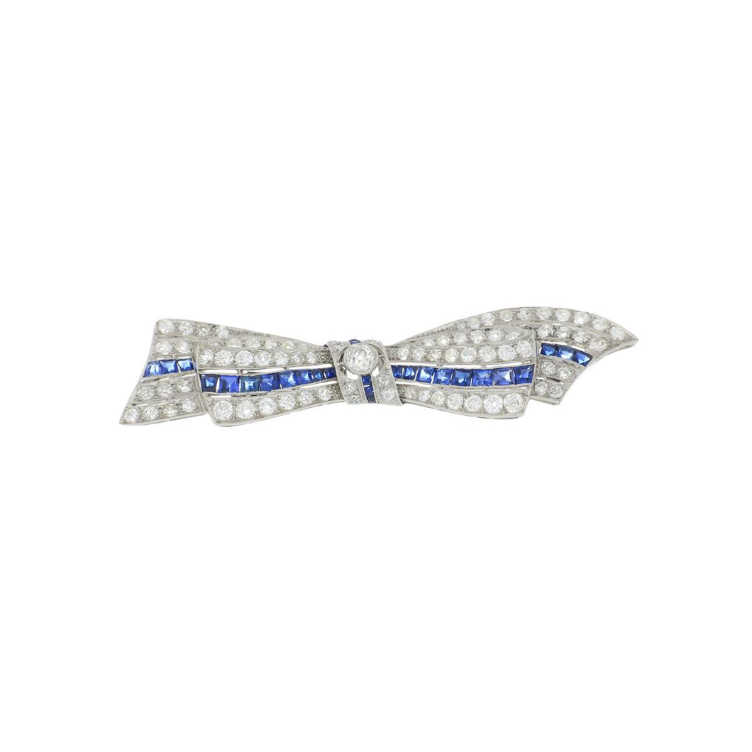 Art Deco Platinum Synthetic Sapphire and Diamond Bow Brooch