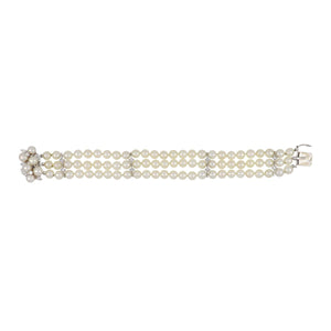 Estate 14K White Gold Triple-Strand Cultured Pearl Bracelet with Diamonds