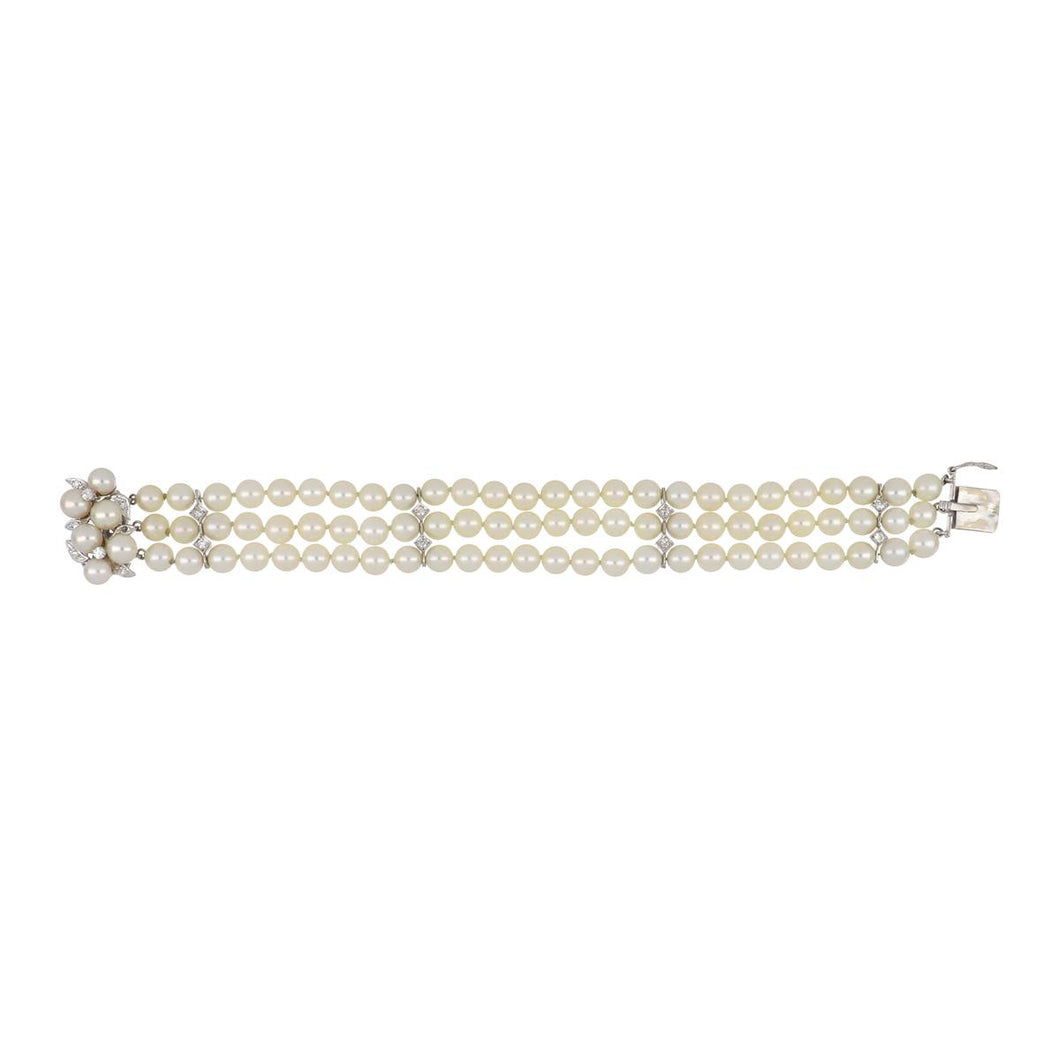 Estate 14K White Gold Triple-Strand Cultured Pearl Bracelet with Diamonds