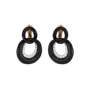 David Webb 18K Gold and Platinum Black Enamel Double Hoop Earrings with Diamonds