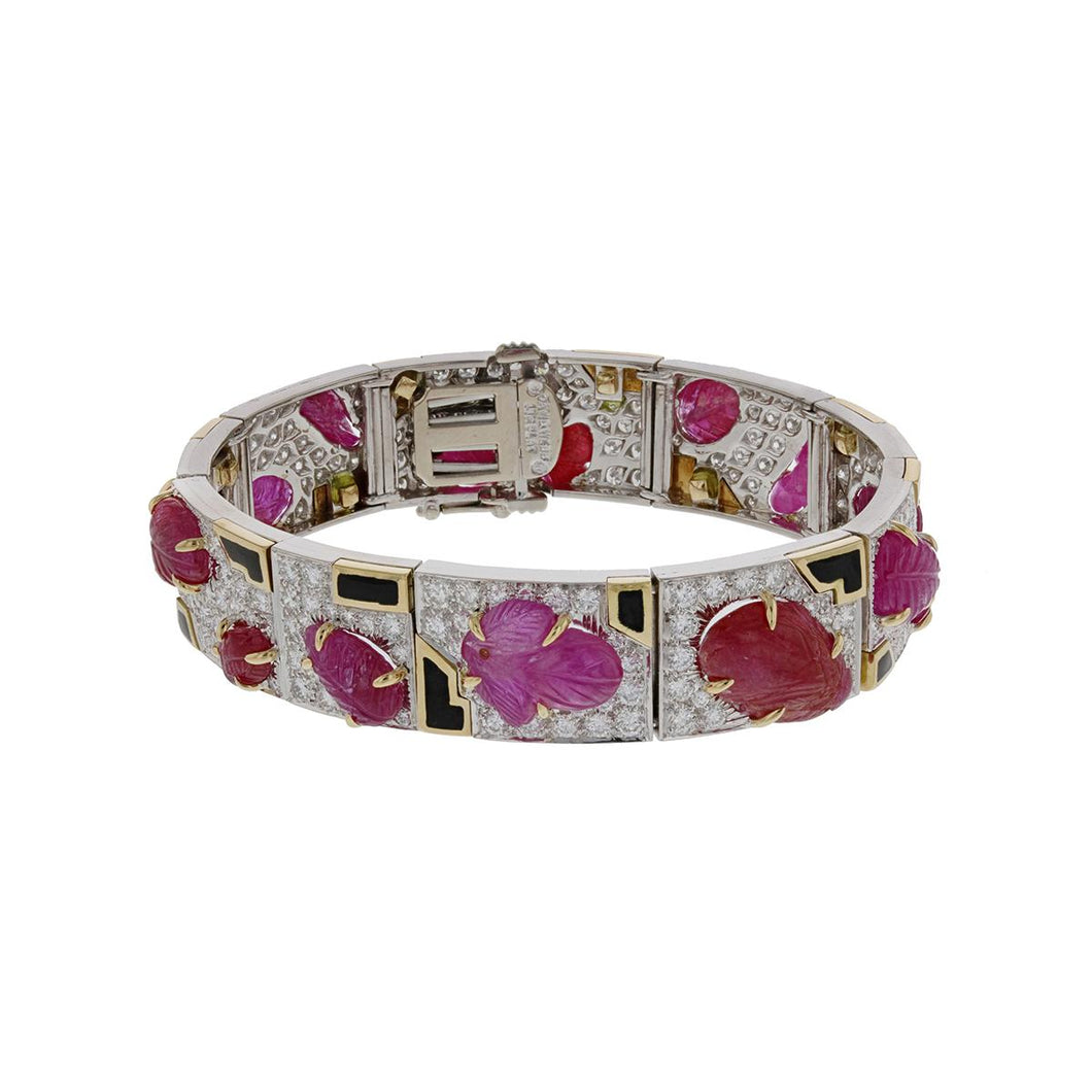 Estate David Webb 18K Gold and Platinum Carved Ruby Bracelet with Enamel and Diamonds