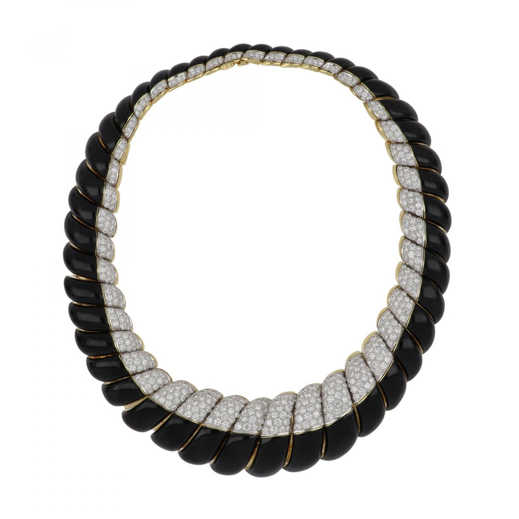Vintage 1990s David Webb 18K Gold and Platinum Black Enamel Collar with Diamonds