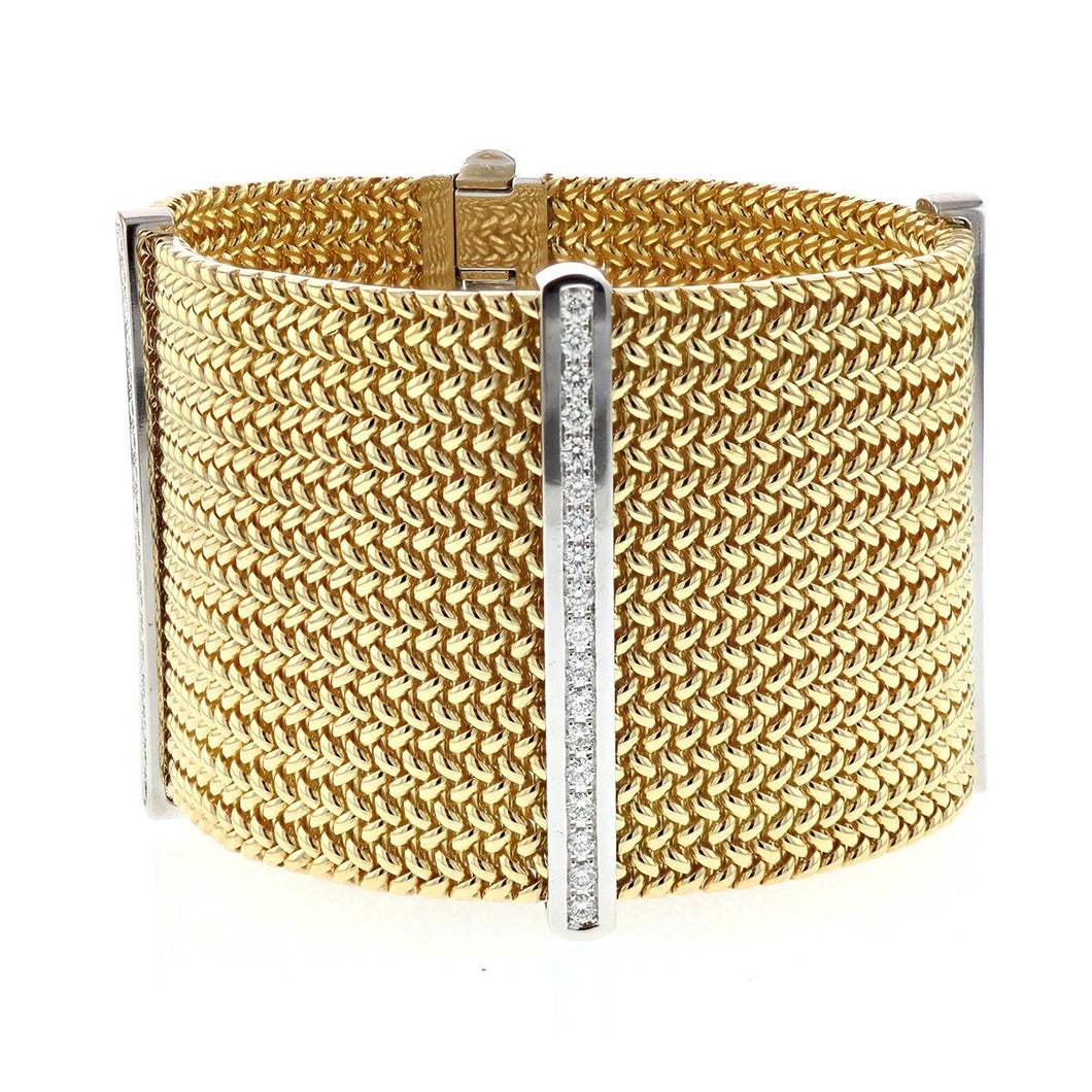 Wide Italian 18K Gold and Diamond Bracelet