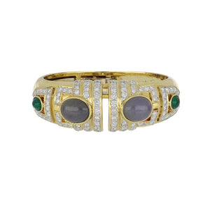 Vintage 18K Gold Bracelet with Lavender Jadeite Jade Cabochon Emeralds and Diamonds