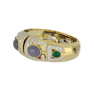 Vintage 18K Gold Bracelet with Lavender Jadeite Jade Cabochon Emeralds and Diamonds