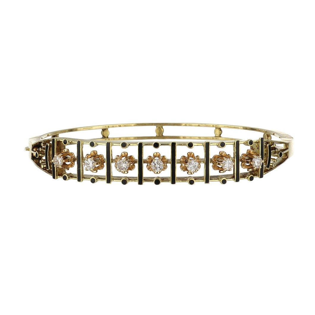 1940s Victorian Revival 14K Gold Openwork Bracelet with Diamonds and Black Enamel Detail