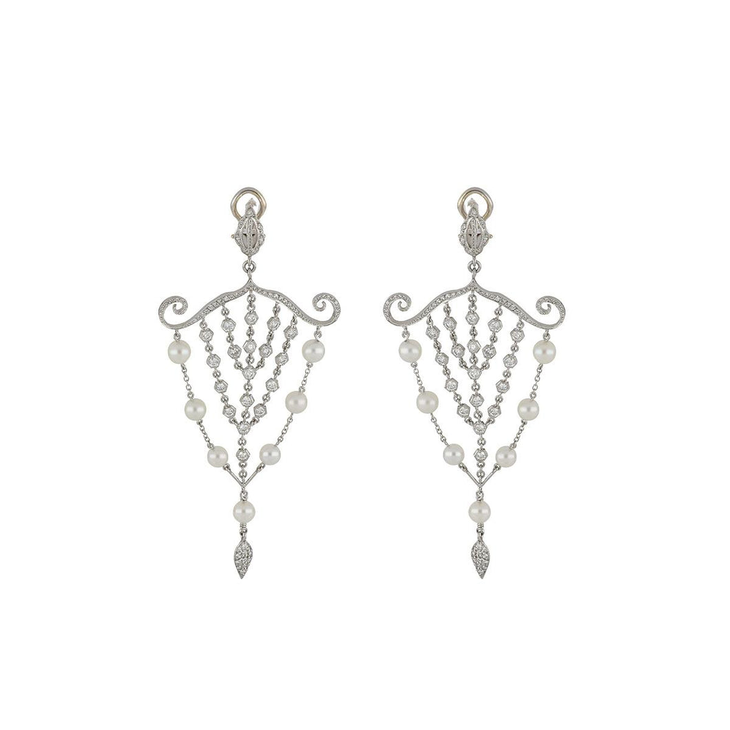 Platinum Chain Dangle Earrings with Diamonds and Cultured Pearls