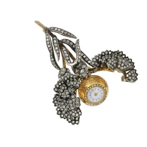 Antique Victorian Silver and 18K Gold Diamond Chrysanthemum Watch/Pin