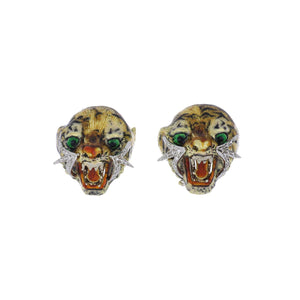 Important Vintage 1970s 18K Gold Enamel Wildcat Earrings with Diamonds