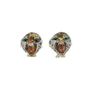 Important Vintage 1970s 18K Gold Enamel Wildcat Earrings with Diamonds
