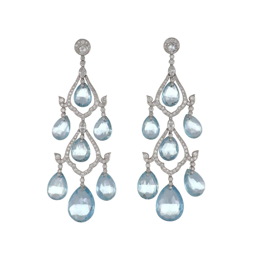 Platinum Briolette Aquamarine Chandelier Garland-Style Earrings with Diamonds