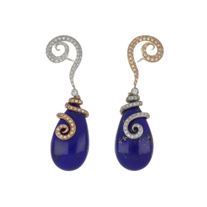 Estate 18K Rose and White Gold Teardrop Lapis Earrings with Diamonds