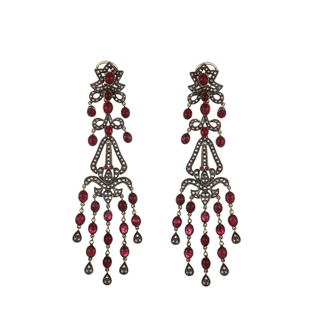 Estate Elaborate Sterling Silver and 14K Gold Ruby and Diamond Chandelier Earrings