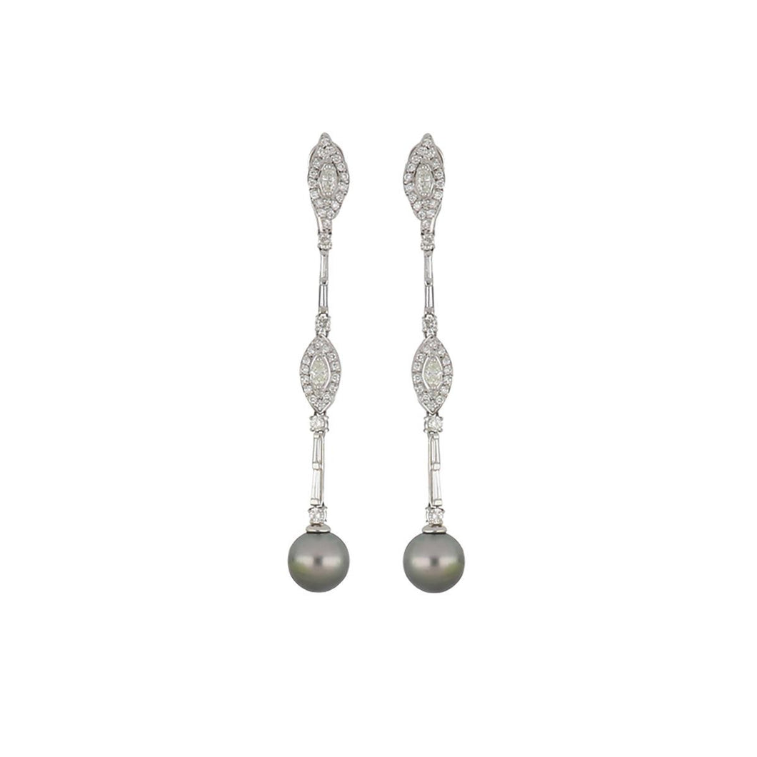 18K White Gold Diamond and Tahitian Pearl Earrings