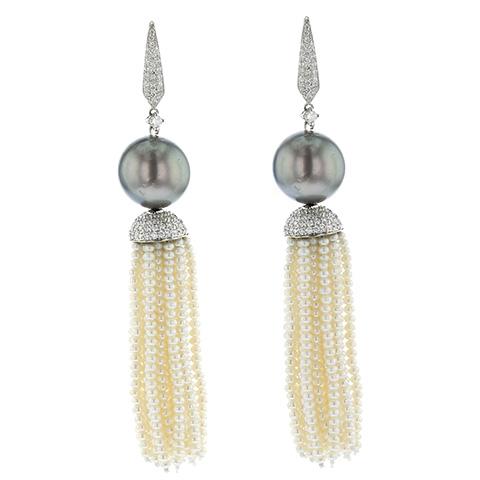 18K White Gold Cultured Tahitian Pearl and Seed Pearl Tassel Earrings