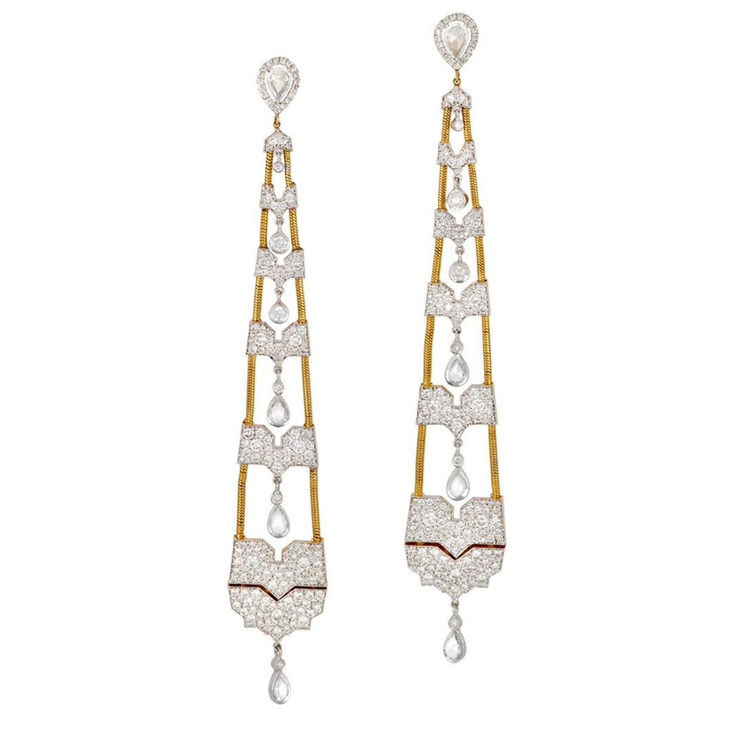 14K Two-Tone Gold Rock Crystal Long Dangle Earrings with Diamonds