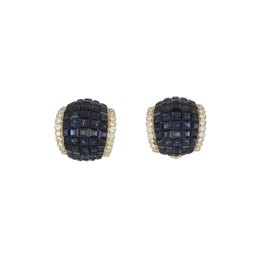 Vintage 1990s 18K Gold Invisible-Set Sapphire Earrings with Scalloped Diamond Border