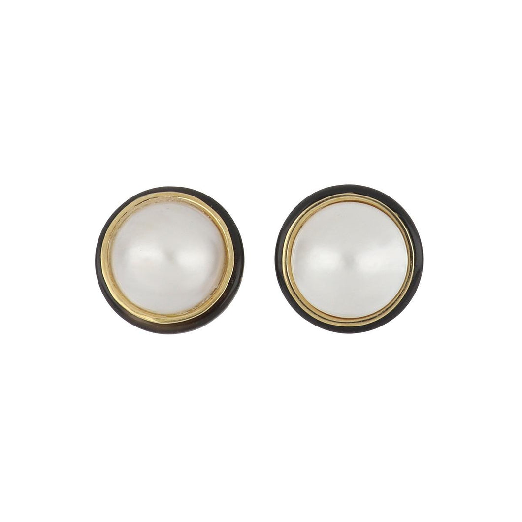 Vintage 1980s 14K Gold Mabé Pearl and Onyx Earrings
