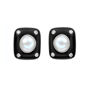 Trianon 18K White Gold Ebony Wood Earrings  with Pearl and Diamond