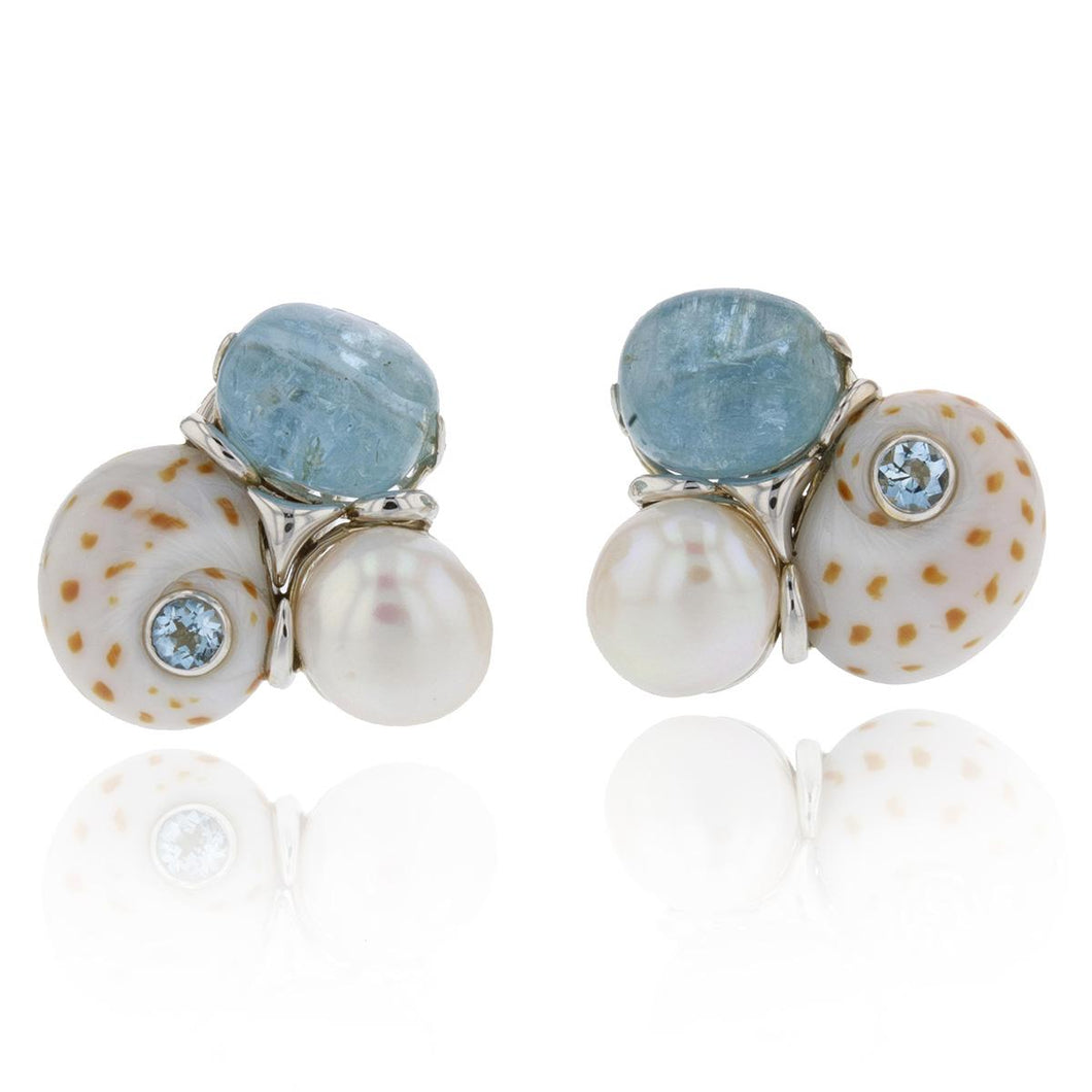 Trianon 18K White Gold Natica Onca Shell, Aquamarine and Pearl Cluster Earrings
