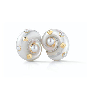 Trianon 18K Gold White Umbonium Shell and Pearl Earrings