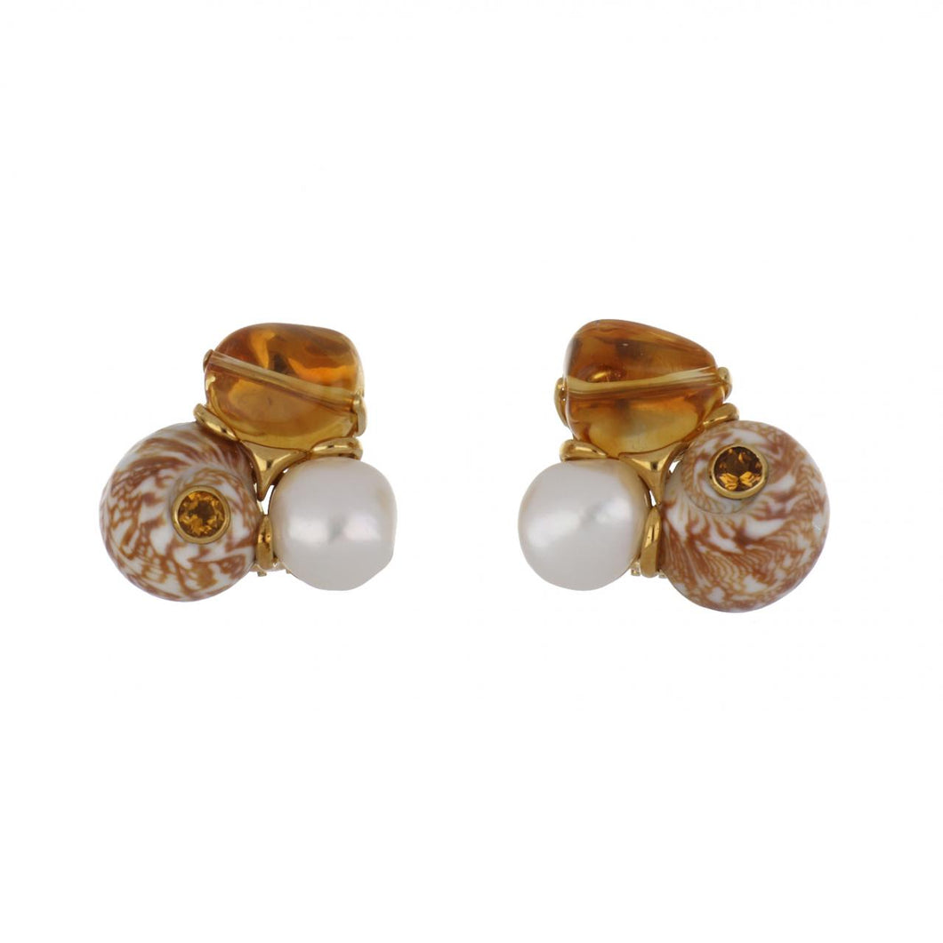 Trianon 18K Gold Spider Moon Shell, Citrine, and Pearl Cluster Earrings