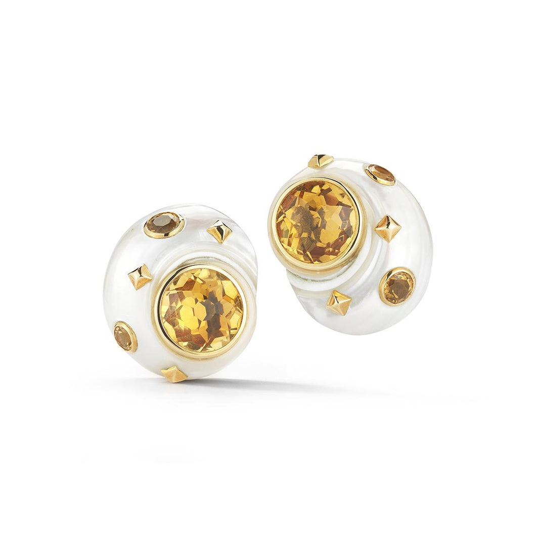 Trianon 18K Gold Special Cream Polymita Picta Shell Earrings with Citrine