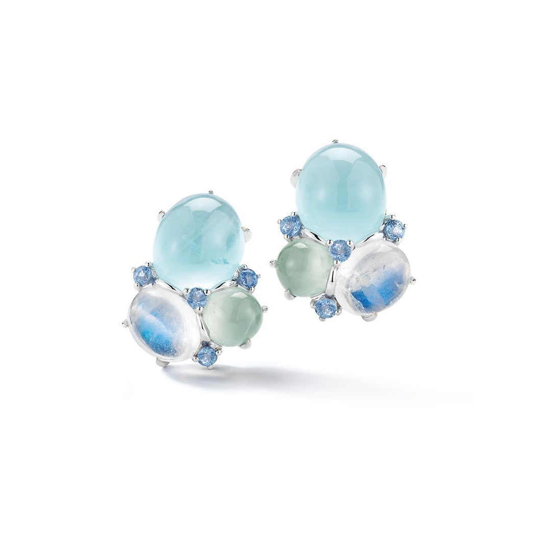 Seaman Schepps 18K White Gold Three Cab Earrings in Aquamarine, Moonstone and Prehnite with Sapphires