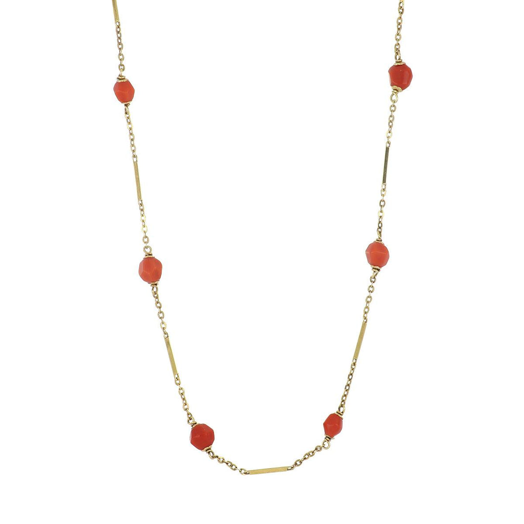 Estate Italian 14K Gold Fancy Link Chain with Faceted Coral Beads