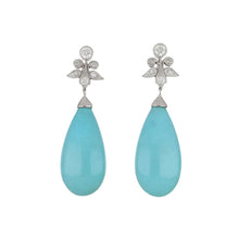Load image into Gallery viewer, 18K White Gold Tear Drop Natural Turquoise Earrings with Antique Diamond Garland Tops
