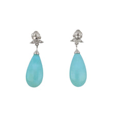 Load image into Gallery viewer, 18K White Gold Tear Drop Natural Turquoise Earrings with Antique Diamond Garland Tops
