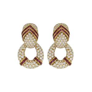 Vintage 1990s 18K Gold Diamond and Ruby Doorknocker Earrings