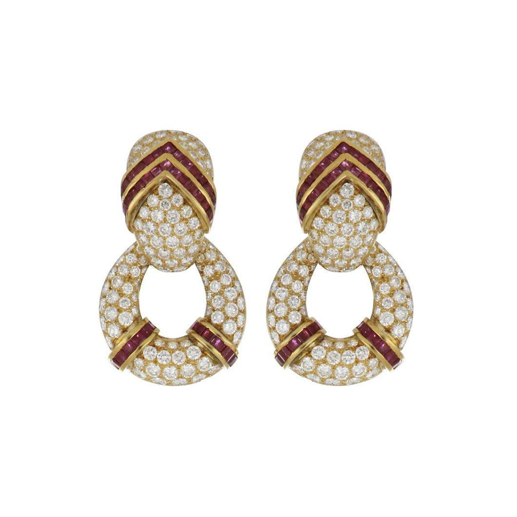 Vintage 1990s 18K Gold Diamond and Ruby Doorknocker Earrings