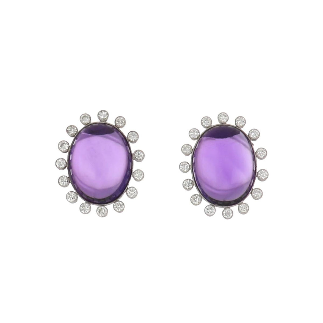 Estate Platinum Oval Cabochon Amethyst Earrings with Diamonds