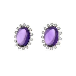 Estate Platinum Oval Cabochon Amethyst Earrings with Diamonds
