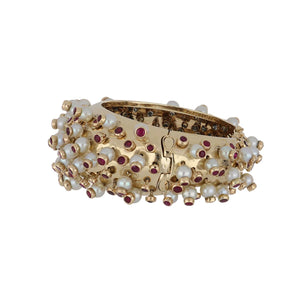 Retro 14K Gold Bangle with Articulated Pearls and Rubies