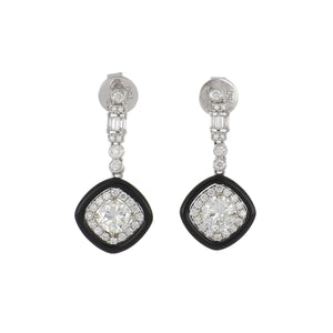 18K White Gold Square Drop Diamond and Onyx Earrings