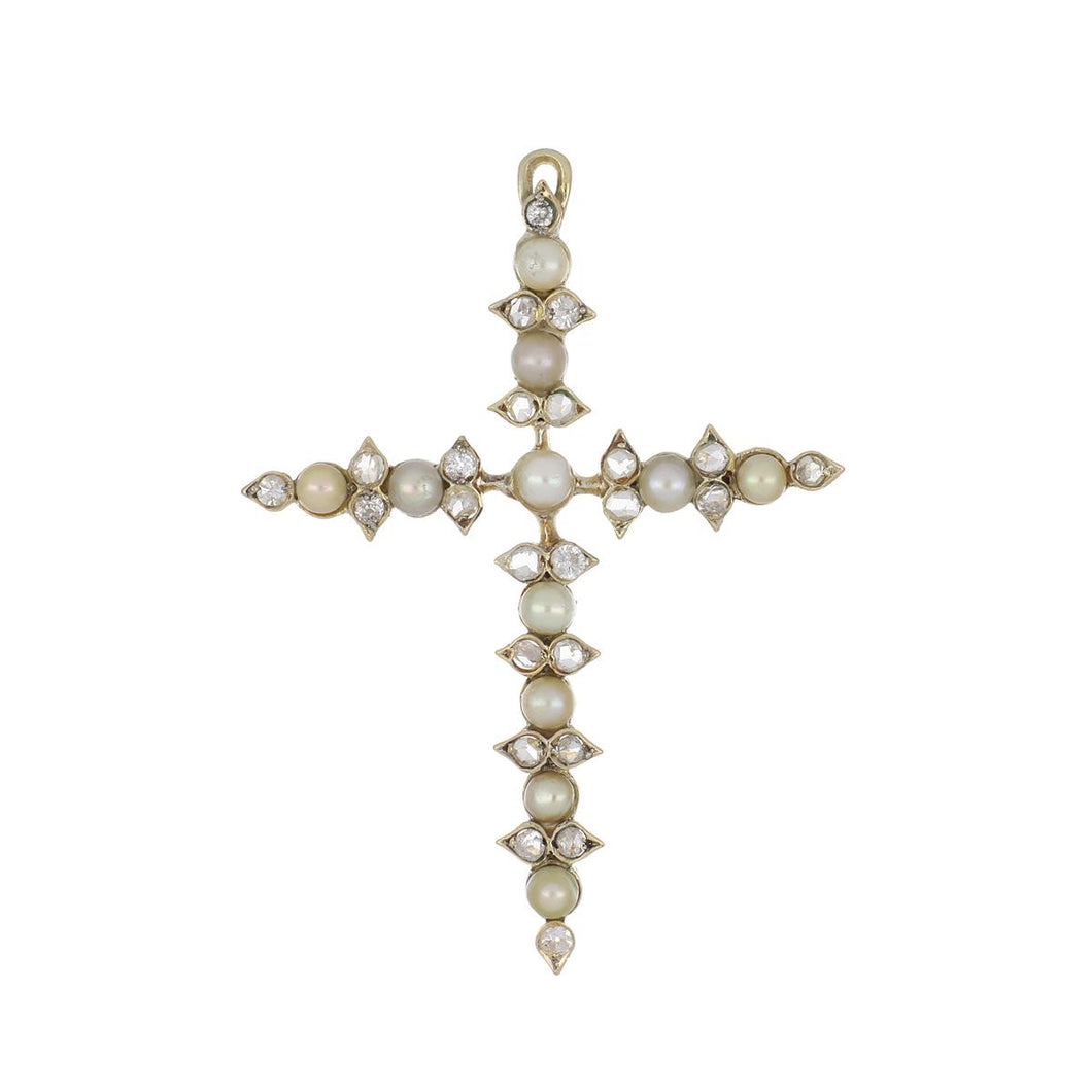 Estate 18K Gold Pearl and Diamond Cross Pendant