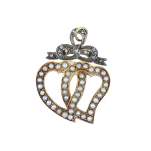 Antique Georgian Silver-Topped 18K Gold Witches Heart Pendant with Split Pearls and Diamonds