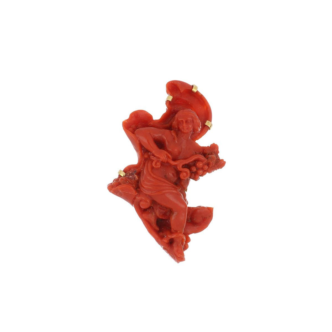 Victorian 14K Gold Carved Oxblood Coral Brooch Depicting a Bacchanal Woman