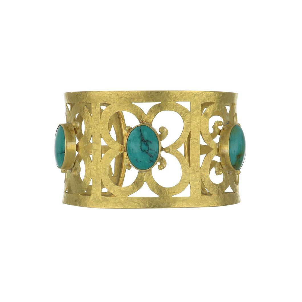 Estate 18K Gold Textured Scrollwork Cuff with Turquoise