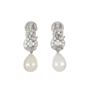 Retro 1940s 14K White Gold Diamond Earrings with Pearl Drops