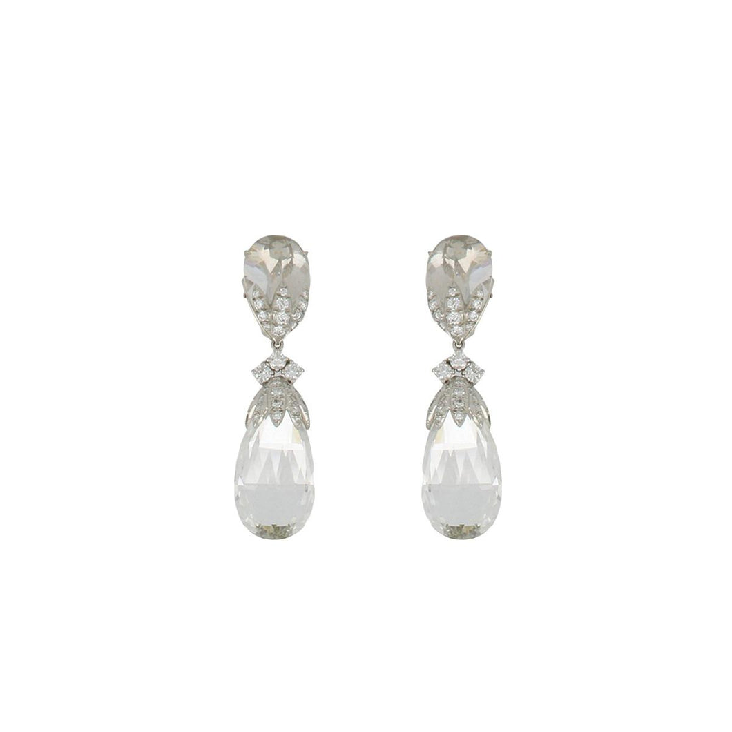 David Webb 18K White Gold and Platinum Faceted Rock Crystal Drop Earrings with Diamonds