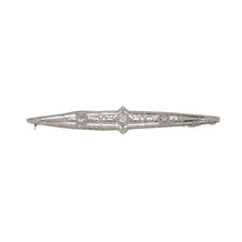 Load image into Gallery viewer, Art Deco 14K White Gold Filigree Bar Pin with Diamonds
