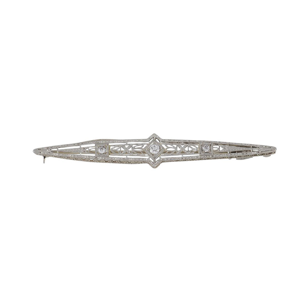 Art Deco 14K White Gold Filigree Bar Pin with Diamonds