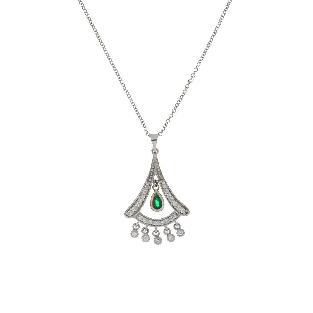 Modern Estate 14K White Gold Pendant Necklace with Emerald and Diamonds