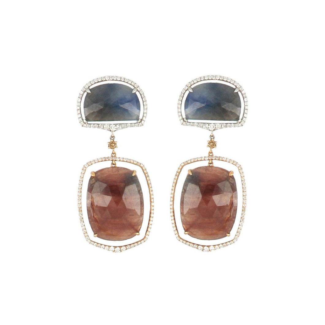 18K Gold Pink and Blue Corundum Drop Earrings