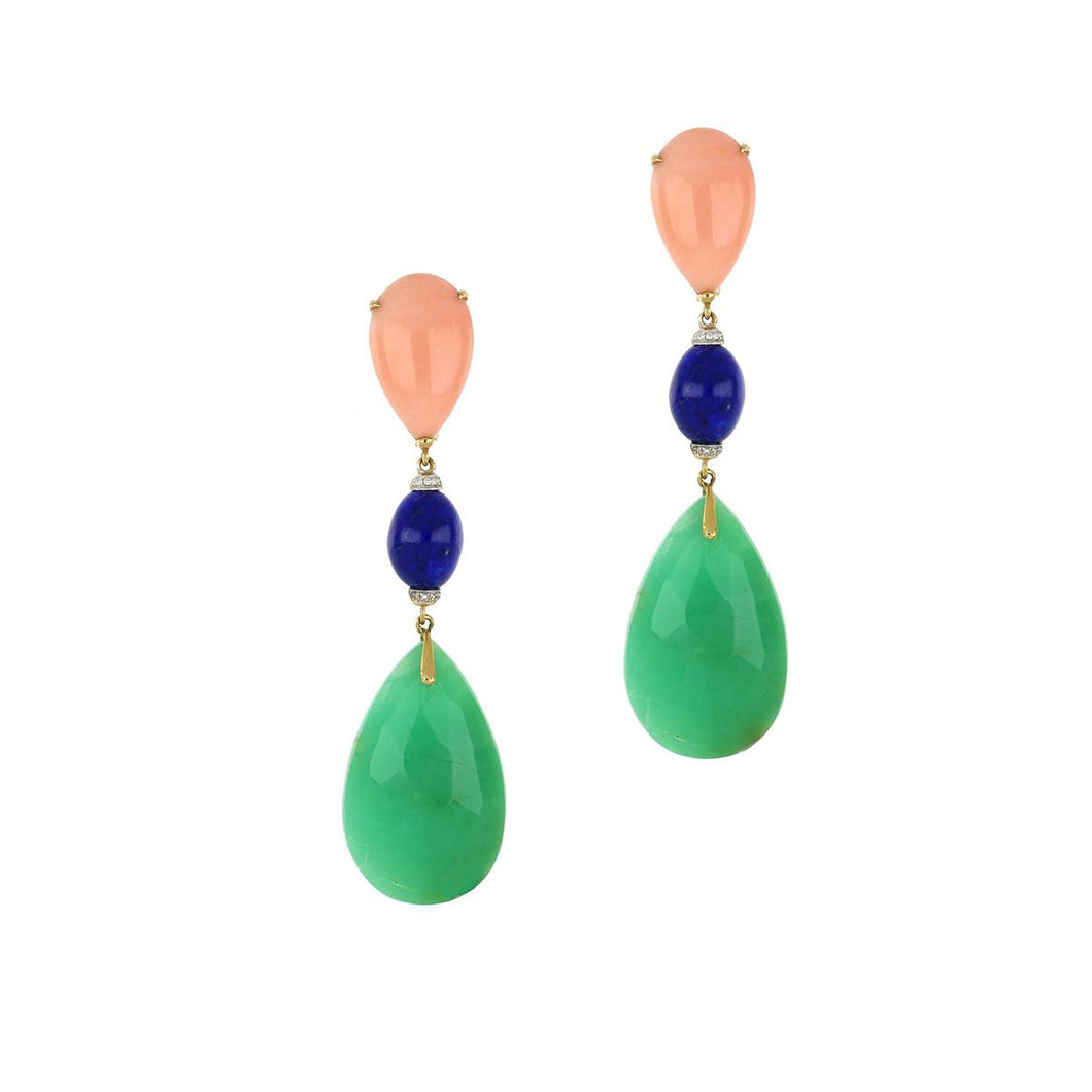 18K Gold Lapis, Chrysoprase and Coral Dangle Earrings